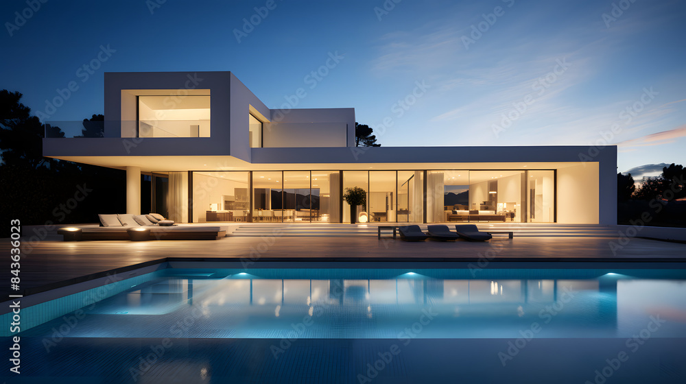 Fototapeta premium Elegant Modern House with Night Lighting and Pool