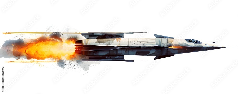 side view of an old missile flying with flames and smoke, white ...
