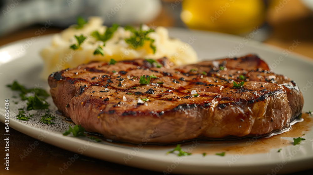 Close-up of a grilled steak with perfect char marks, garnished with parsley, served with a side of mashed potatoes, rich and inviting Close-up of a grilled steak with perfect char marks, garnished with parsley, served with a side of mashed potatoes, rich and inviting
