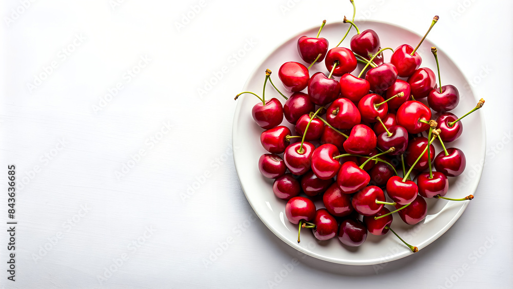 Summery Elegance: Vibrant Red Cherries on a Minimalistic White Plate, Perfectly Captured in Fresh and Juicy Detail Summery Elegance: Vibrant Red Cherries on a Minimalistic White Plate, Perfectly Captured in Fresh and Juicy Detail