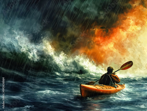 A man in a kayak is paddling through rough water. The scene is dramatic and intense, with the man's struggle to stay afloat and the powerful waves crashing around him. Scene is one of danger © MaxK