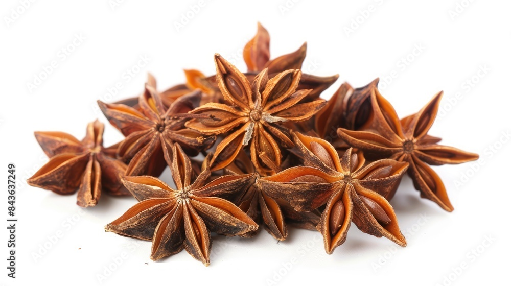 Star anise displayed against a white backdrop Star anise displayed against a white backdrop