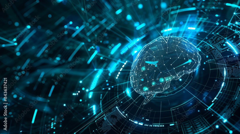 Obraz premium Artificial intelligence is depicted in a technology web background representing a virtual concept