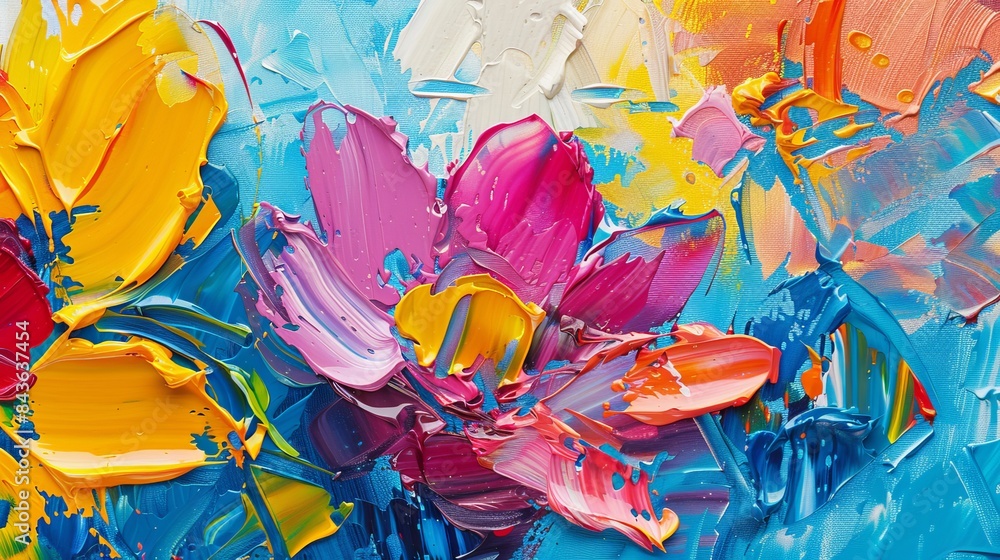 An art abstract showcases a colorful acrylic and watercolor flower brushstroke painting featuring a canvas texture background An art abstract showcases a colorful acrylic and watercolor flower brushstroke painting featuring a canvas texture background