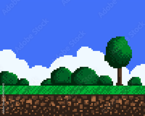 Pixel art game background. Game design concept in retro style. Vector illustration. Game screen pixel