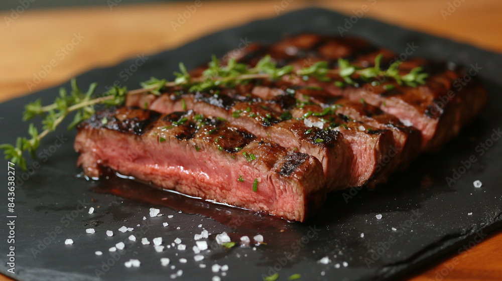 Close-up of a sliced grilled steak, medium-rare, with juices seeping out, garnished with thyme and coarse salt, served on a black slate platter Close-up of a sliced grilled steak, medium-rare, with juices seeping out, garnished with thyme and coarse salt, served on a black slate platter