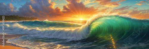 A beautiful sunset over the ocean, with a large wave crashing onto the shore.