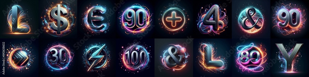 Fototapeta premium Metal letters and neon glow lightning Lettering Typeface. AI generated illustration
