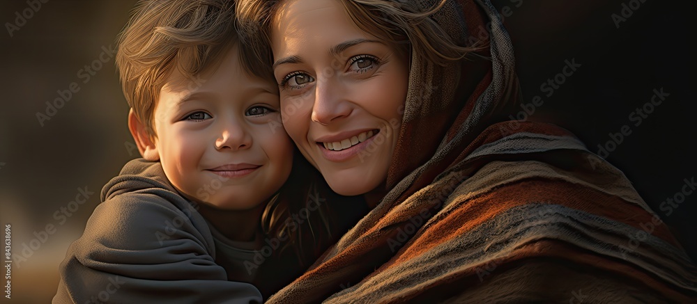 A smiling mother gazes at the camera with her adorable son beside her There is room for additional content in the image A smiling mother gazes at the camera with her adorable son beside her There is room for additional content in the image