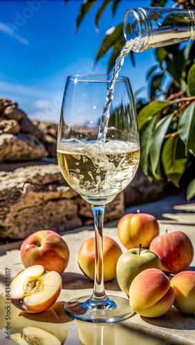 Captivating Dance of White Wine Cascading into Crystal-Clear Glass, Capturing Essence of Summer's Refreshment with a Serene Coastal Backdrop photo