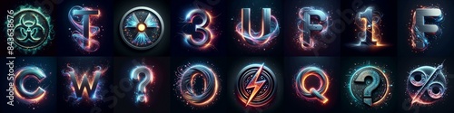 Metal letters and neon glow lightning Lettering Typeface. AI generated illustration