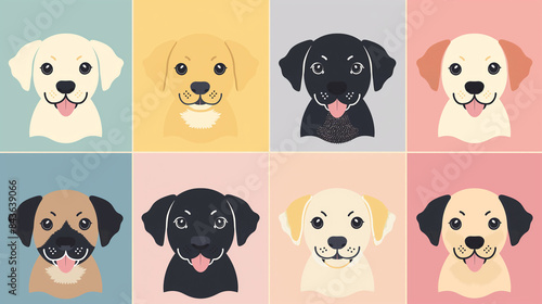 set of labrador dogs on colorful blackground.