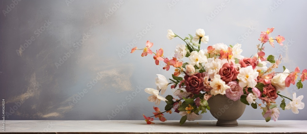 A beautiful arrangement of spring flowers in a vase resting on a marble table creating an aesthetic and elegant display with copy space image A beautiful arrangement of spring flowers in a vase resting on a marble table creating an aesthetic and elegant display with copy space image