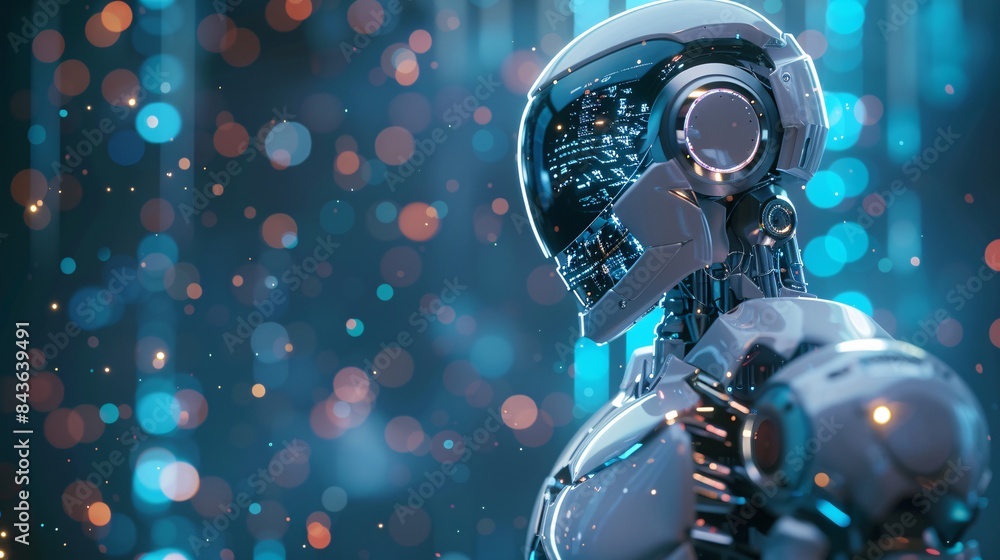 Fototapeta premium image with an AI technology theme, there is a human robot with a futuristic background