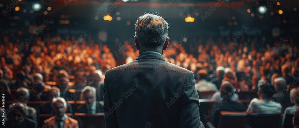 Political figure addressing a large crowd with confidence, Political figure addressing a large crowd with confidence,