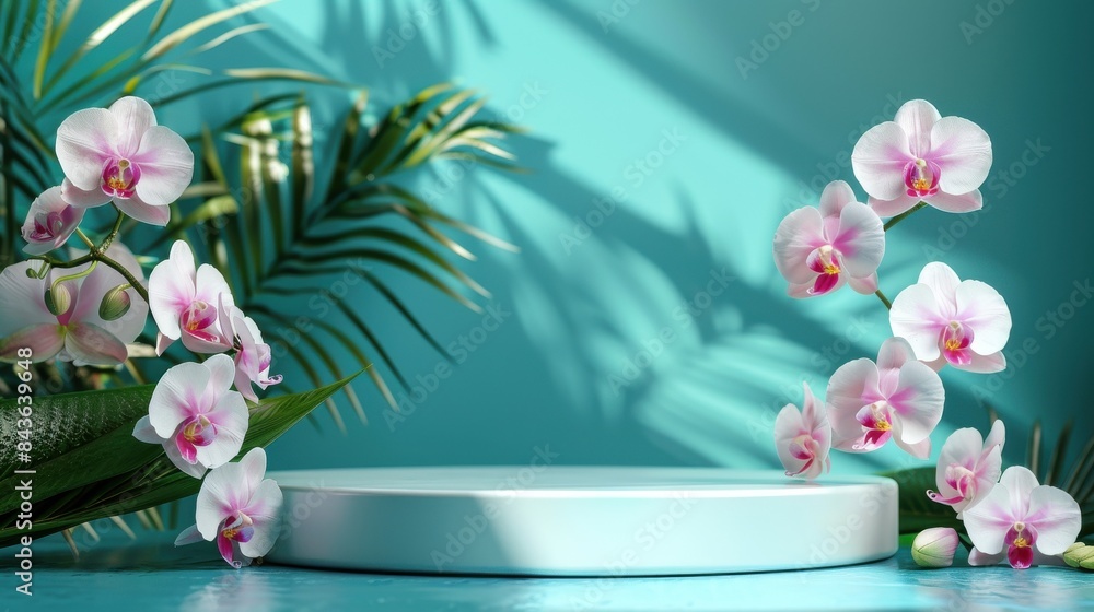 Elegant orchids and lush palm leaves surrounding a blue pedestal, Mock up a fresh and tropical setting perfect for nature-inspired displays or exotic-themed designs. Elegant orchids and lush palm leaves surrounding a blue pedestal, Mock up a fresh and tropical setting perfect for nature-inspired displays or exotic-themed designs.