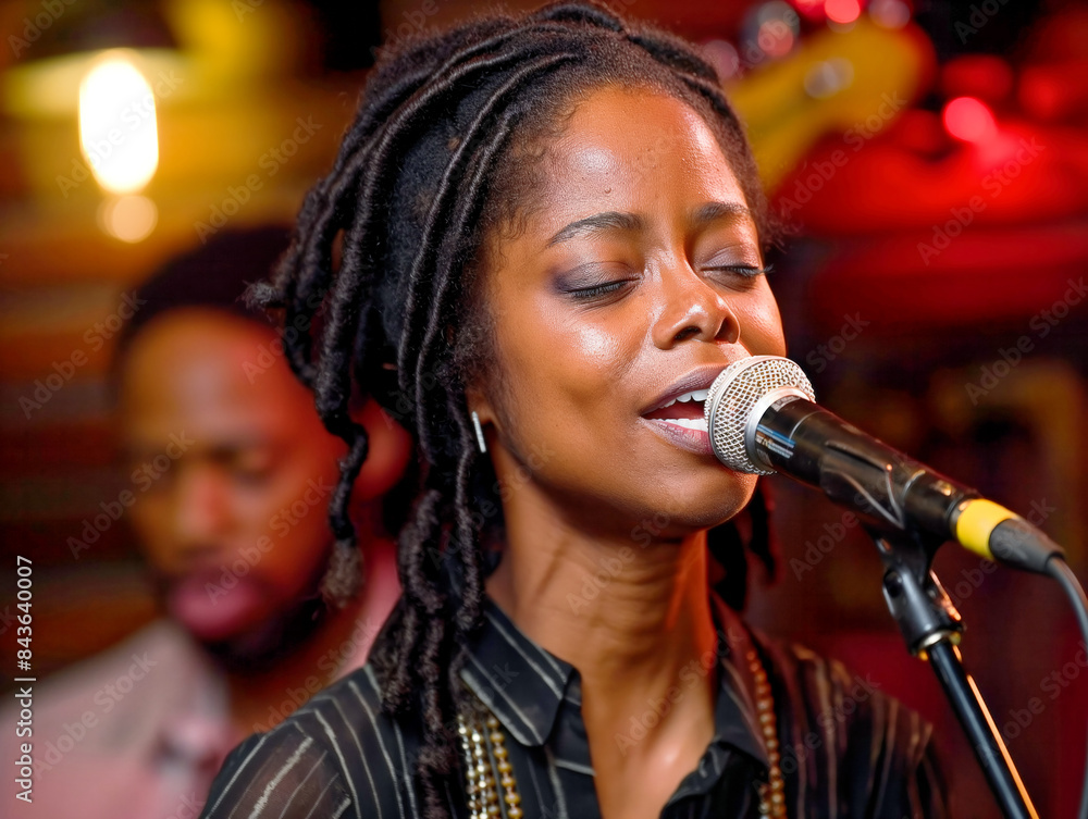 A woman singing into a microphone. She has dreadlocks and is wearing a black shirt. Concept of passion and emotion as she sings into the microphone A woman singing into a microphone. She has dreadlocks and is wearing a black shirt. Concept of passion and emotion as she sings into the microphone