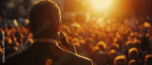 Politician addressing supporters with a microphone,
