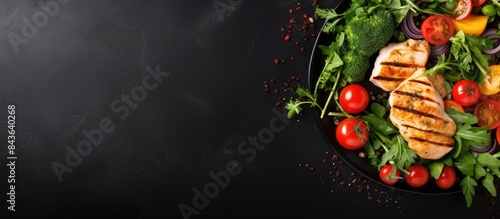 Arrange arugula lettuce spinach tomatoes and chicken fillet on a dark plate against a concrete background with room for your text in the image. Copyspace image
