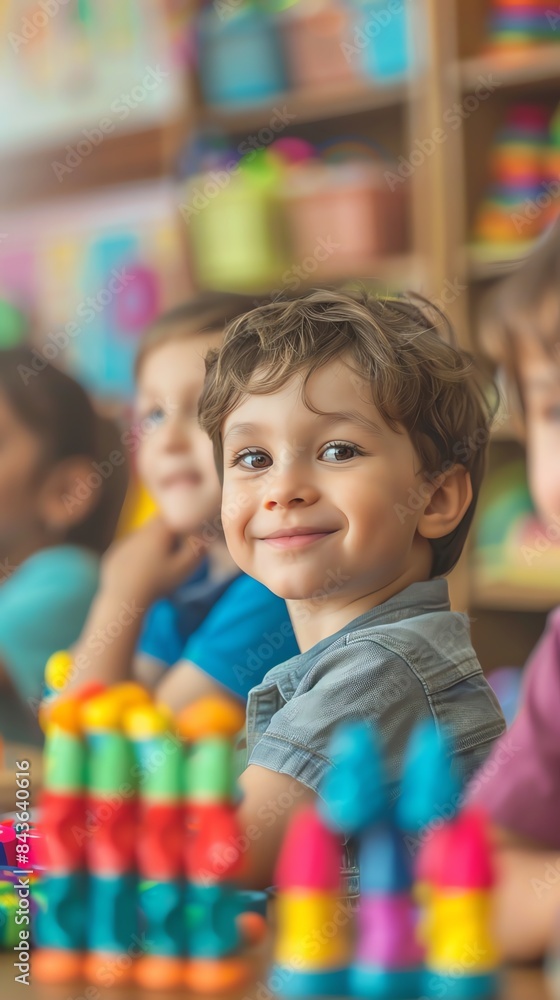 Cheerful children playing with colorful toys in a vibrant classroom, smiling boy in focus, early education, and learning environment. Cheerful children playing with colorful toys in a vibrant classroom, smiling boy in focus, early education, and learning environment.
