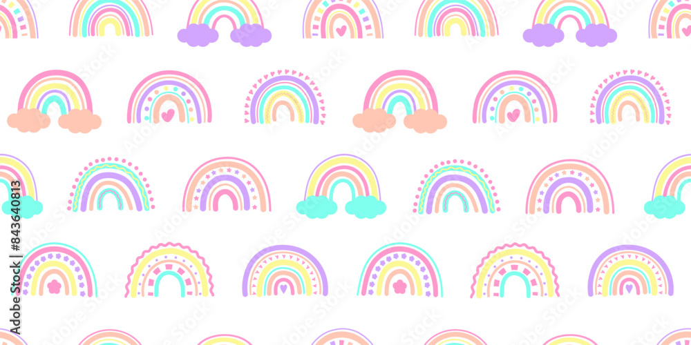 Cute Rainbow Pattern. Seamless Background with Rainbow and Clouds hand drawn. Y2k Holographic cute pattern. Vector illustration isolated on white background Cute Rainbow Pattern. Seamless Background with Rainbow and Clouds hand drawn. Y2k Holographic cute pattern. Vector illustration isolated on white background