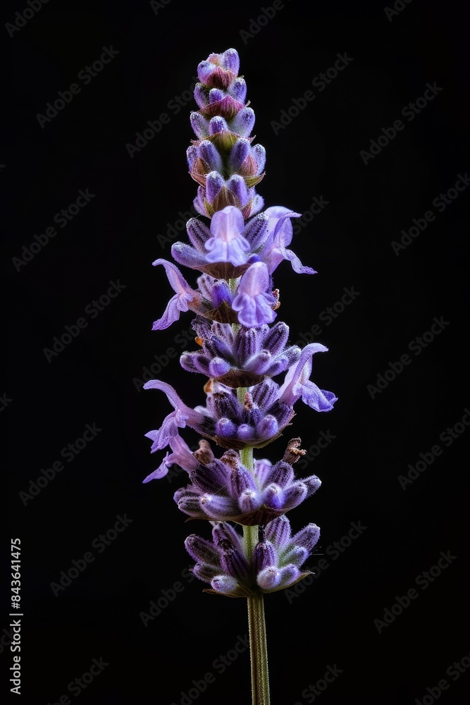 flower Photography, Lavandula dentata Royal Crown, copy space on right, Close up view, Isolated on black Background flower Photography, Lavandula dentata Royal Crown, copy space on right, Close up view, Isolated on black Background