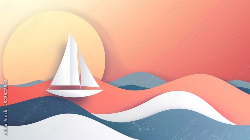 Abstract background template with sailing boat and curves