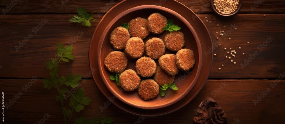 A view of traditional Lebanese kibbeh with a wooden backdrop featuring a top down perspective and ample copy space for additional elements A view of traditional Lebanese kibbeh with a wooden backdrop featuring a top down perspective and ample copy space for additional elements