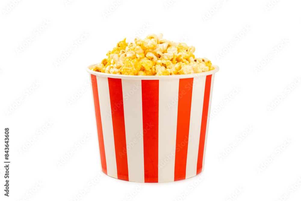 Popcorn box. Red and white striped buckets of popcorn isolated on white background. Cinema and entertainment concept. Movie night with popcorn. Cheesy popcorn. Delicious appetizer, snack. Popcorn box. Red and white striped buckets of popcorn isolated on white background. Cinema and entertainment concept. Movie night with popcorn. Cheesy popcorn. Delicious appetizer, snack.