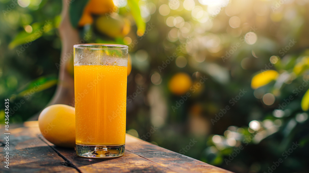 Glass of fresh mango juice on a wooden table, mango grove in the background with ripe mangoes on the trees, bright and tropical Glass of fresh mango juice on a wooden table, mango grove in the background with ripe mangoes on the trees, bright and tropical