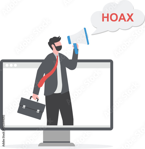 businessman using megaphone conveying fake news or hoax on computer laptop, hoax or fake news illustration, misleading information from social media that creates misunderstandings
