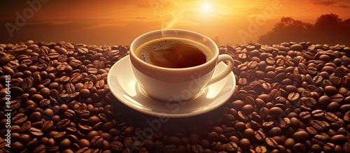 Top view of a coffee cup surrounded by a captivating background of coffee beans beautifully lit by the sun with ample copy space for further images