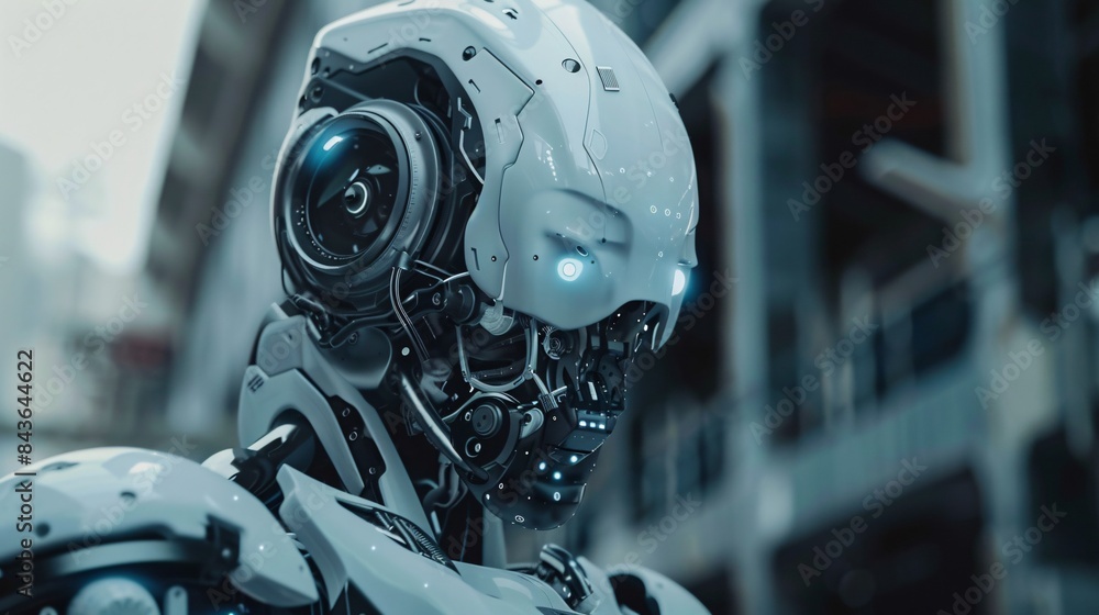 Fototapeta premium robot with brand name on it with ai technology background