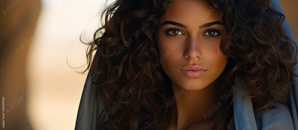 A young Arabian model with curly hair confidently gazes into the camera in this captivating copy space image A young Arabian model with curly hair confidently gazes into the camera in this captivating copy space image
