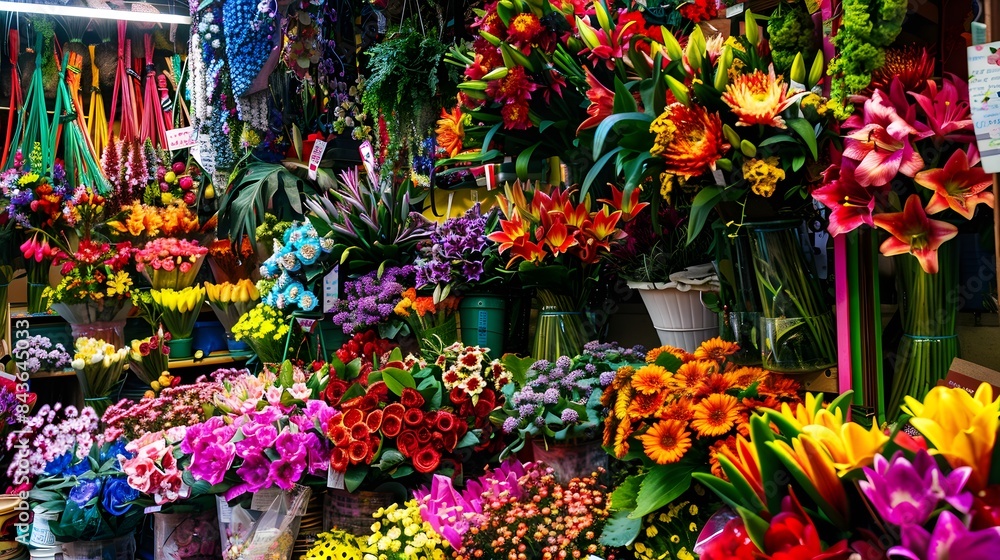 Vibrant flower shop bursting with fresh flowers in a lively market setting. Vibrant flower shop bursting with fresh flowers in a lively market setting.
