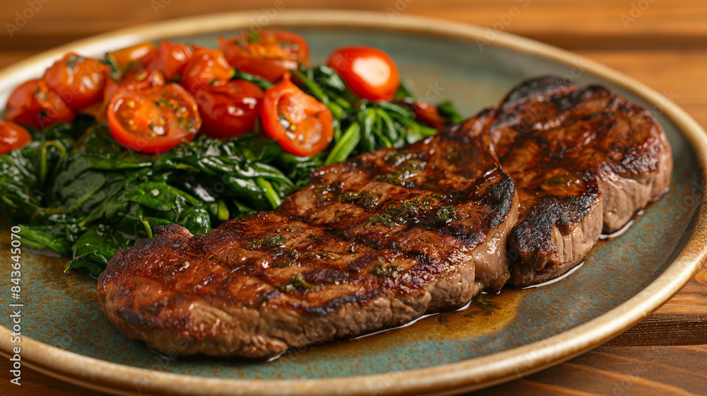 Grilled steak served with a side of sautéed spinach and roasted tomatoes, vibrant colors, hearty and nutritious meal, inviting presentation Grilled steak served with a side of sautéed spinach and roasted tomatoes, vibrant colors, hearty and nutritious meal, inviting presentation
