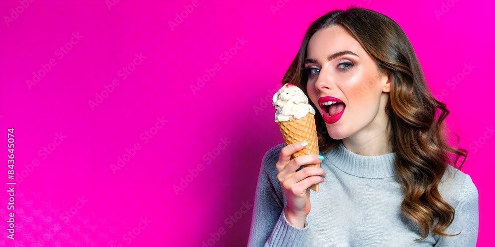 woman eating ice cream A woman eats ice cream, on a pink background, a macro shot, food, ice woman eating ice cream A woman eats ice cream, on a pink background, a macro shot, food, ice