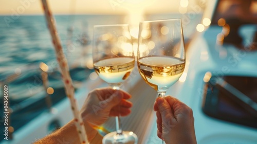 Hands holding wine glasses clink on luxury yacht in sea.