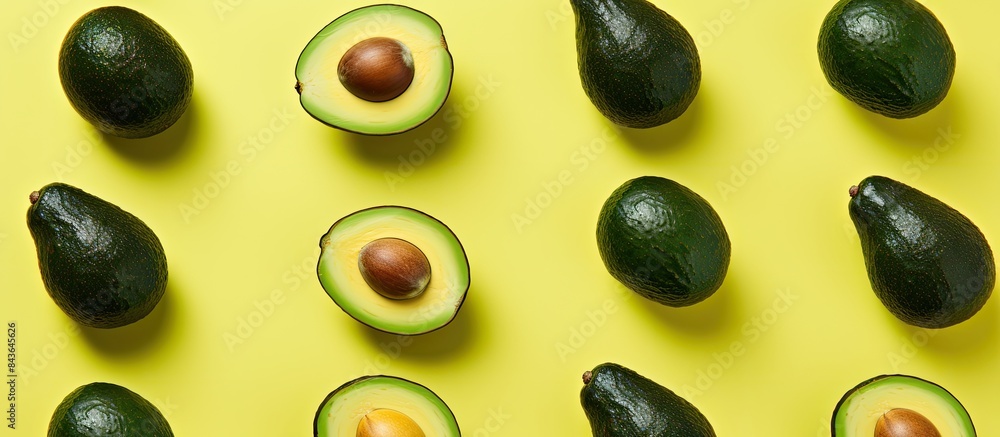 From an aerial perspective there is a visually pleasing arrangement of avocado topped green toasts set against a vibrant yellow backdrop The composition provides ample space for additional content su From an aerial perspective there is a visually pleasing arrangement of avocado topped green toasts set against a vibrant yellow backdrop The composition provides ample space for additional content su