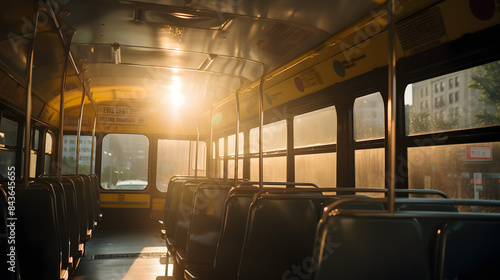An old-fashioned bus interior with warm lighting, evoking a sense of nostalgia and vintage charm.