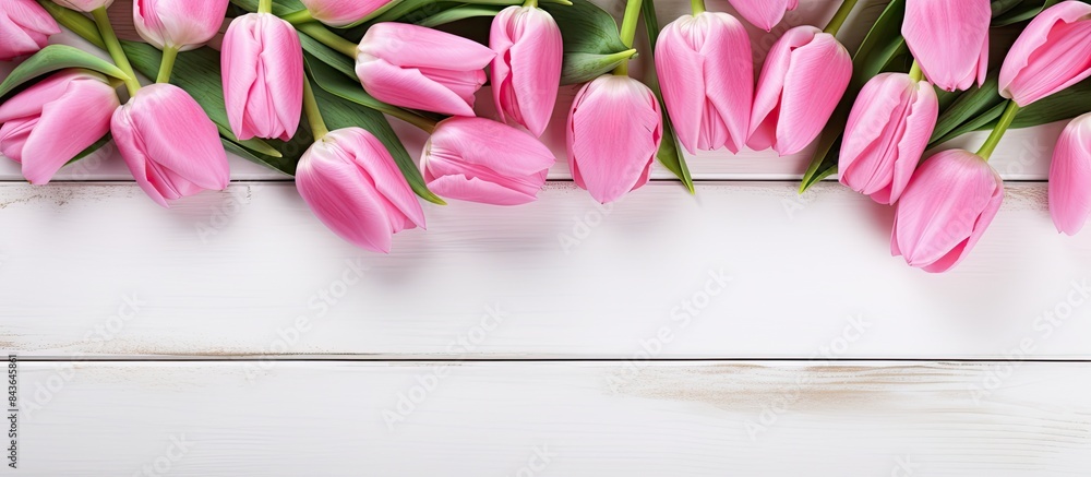 A copy space image of pink tulips and a love heart can be seen on a white wood background A copy space image of pink tulips and a love heart can be seen on a white wood background