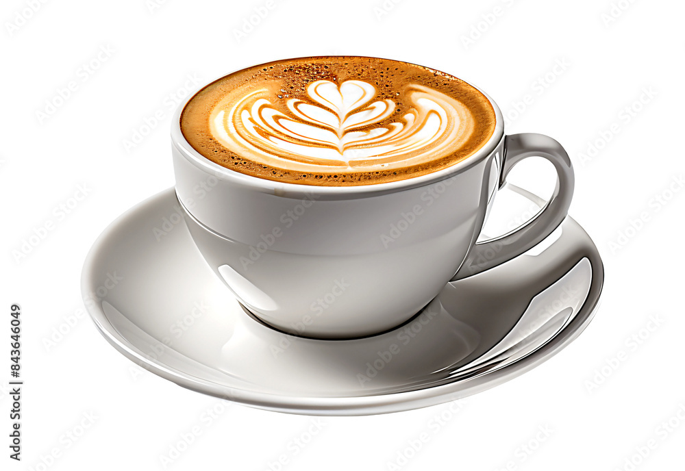 Coffee, topped with a delicate leaf design in the froth, sits in a white cup on a matching saucer. Coffee, topped with a delicate leaf design in the froth, sits in a white cup on a matching saucer.
