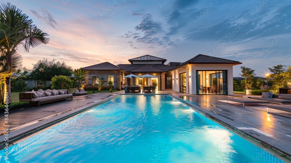 Fototapeta premium Swimming pool of a large mansion at dusk.