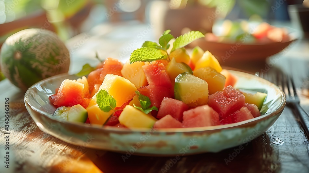 fresh melon salad set in a plate on a table fresh melon salad set in a plate on a table
