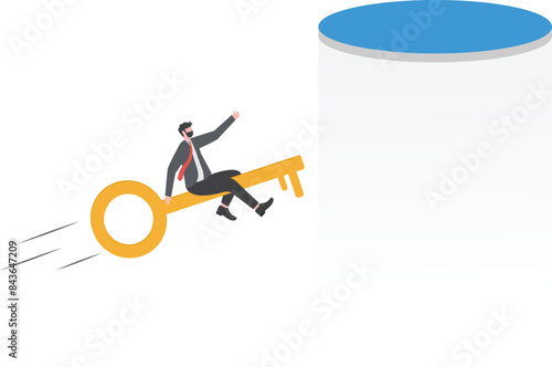 key to success for achieve business target, career achievement or secret for success in work, successful businessman riding golden key to achieve business goal concept vector illustration

