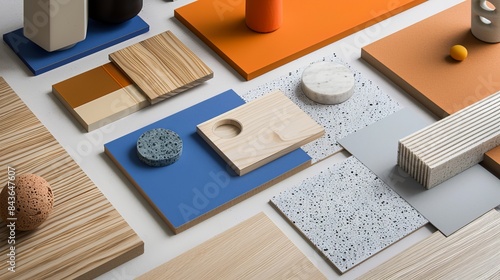 Fototapeta Naklejka Na Ścianę i Meble -  A moodboard features material samples in blue orange grey and light wood tones