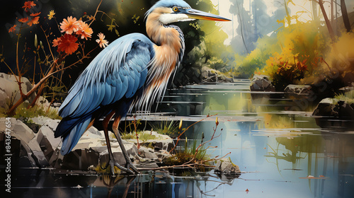 watercolor illustration of great blue heron, swamp waters photo