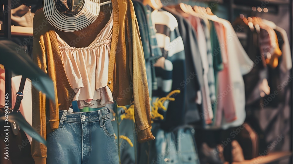 Obraz premium Trendy boutique clothing display with colorful outfits and accessories hanging on racks.