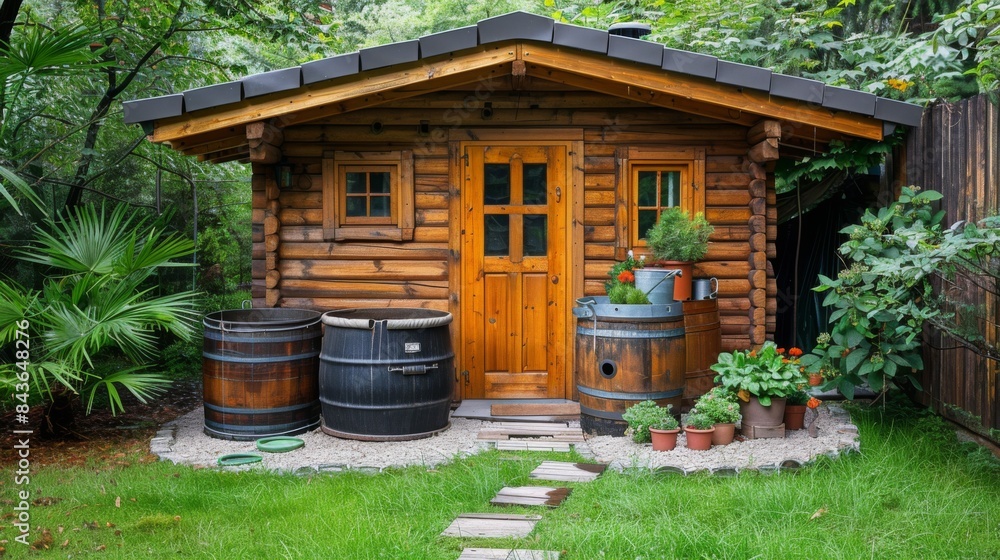 Rainwater collection system. Barrels filled with water next to a small wooden cozy garden house Rainwater collection system. Barrels filled with water next to a small wooden cozy garden house