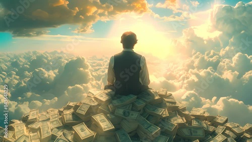 Wealthy Magnate Reigns Over Mountains of Currency, Symbolizing Success